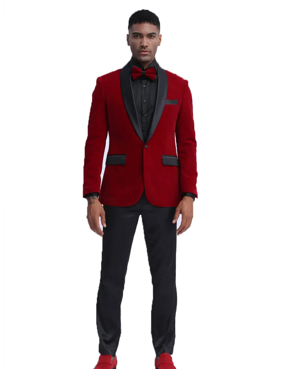 Mens Velvet Shawl Tuxedo Dinner Jacket in Burgundy