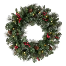 National Tree Company Pre-Lit Artificial Christmas Wreath, Green, Crestwood Spruce, White Lights, Decorated with Pine Cones, Berry Clusters, Frosted Branches, Christmas Collection, 24 Inches