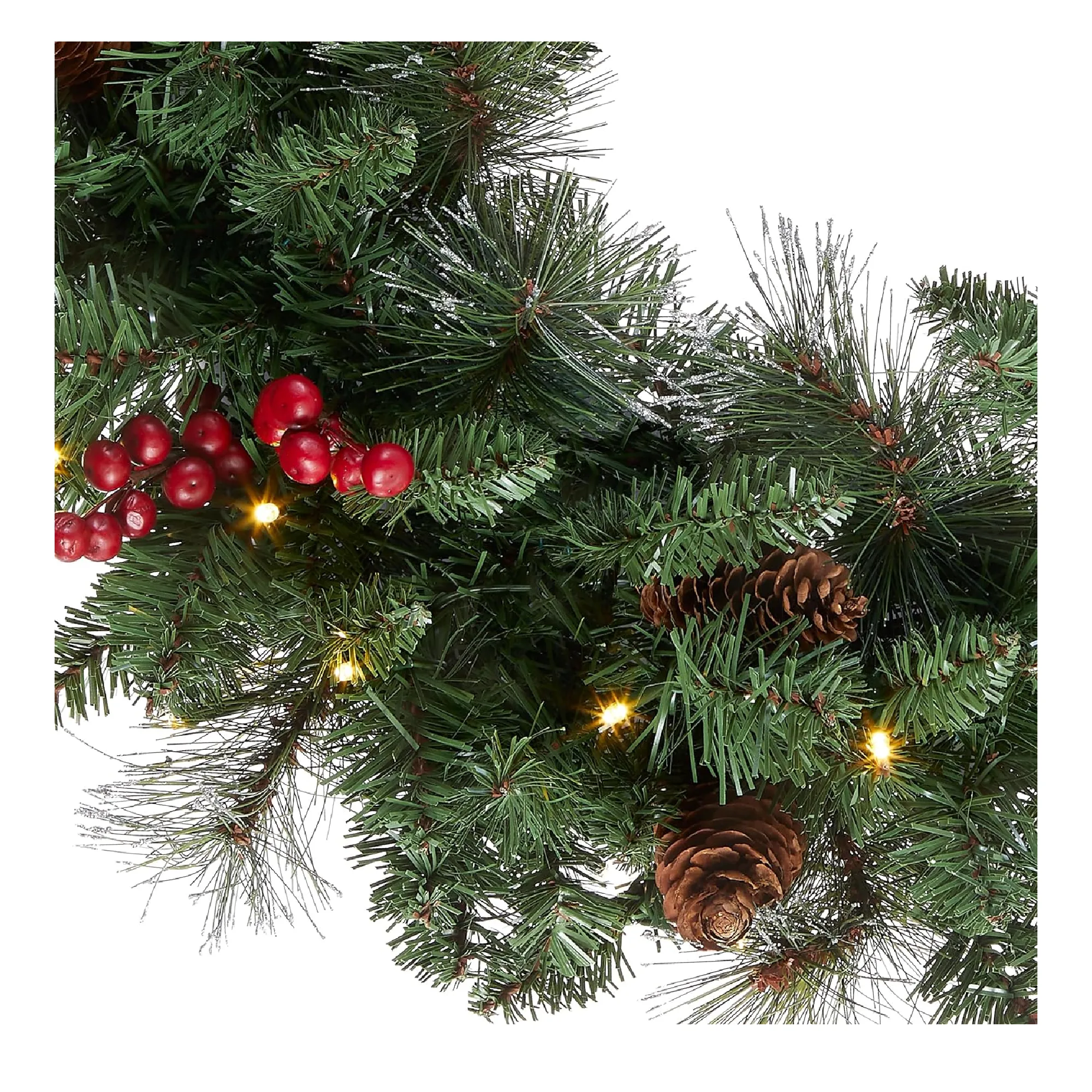 National Tree Company Pre-Lit Artificial Christmas Wreath, Green, Crestwood Spruce, White Lights, Decorated with Pine Cones, Berry Clusters, Frosted Branches, Christmas Collection, 24 Inches