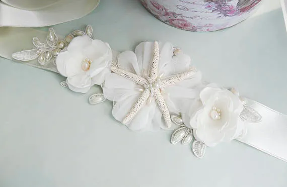 Ocean style Sash, Unique Beach Conch Handmade Flowers Girl Sash,Different color Bridesmaids Sash,Elegant Satin Sash, SA0006