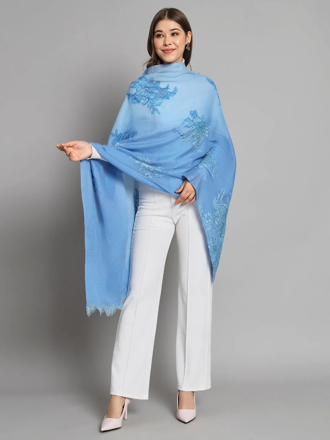 Ombre Blue Shawl with lace and swarovski design