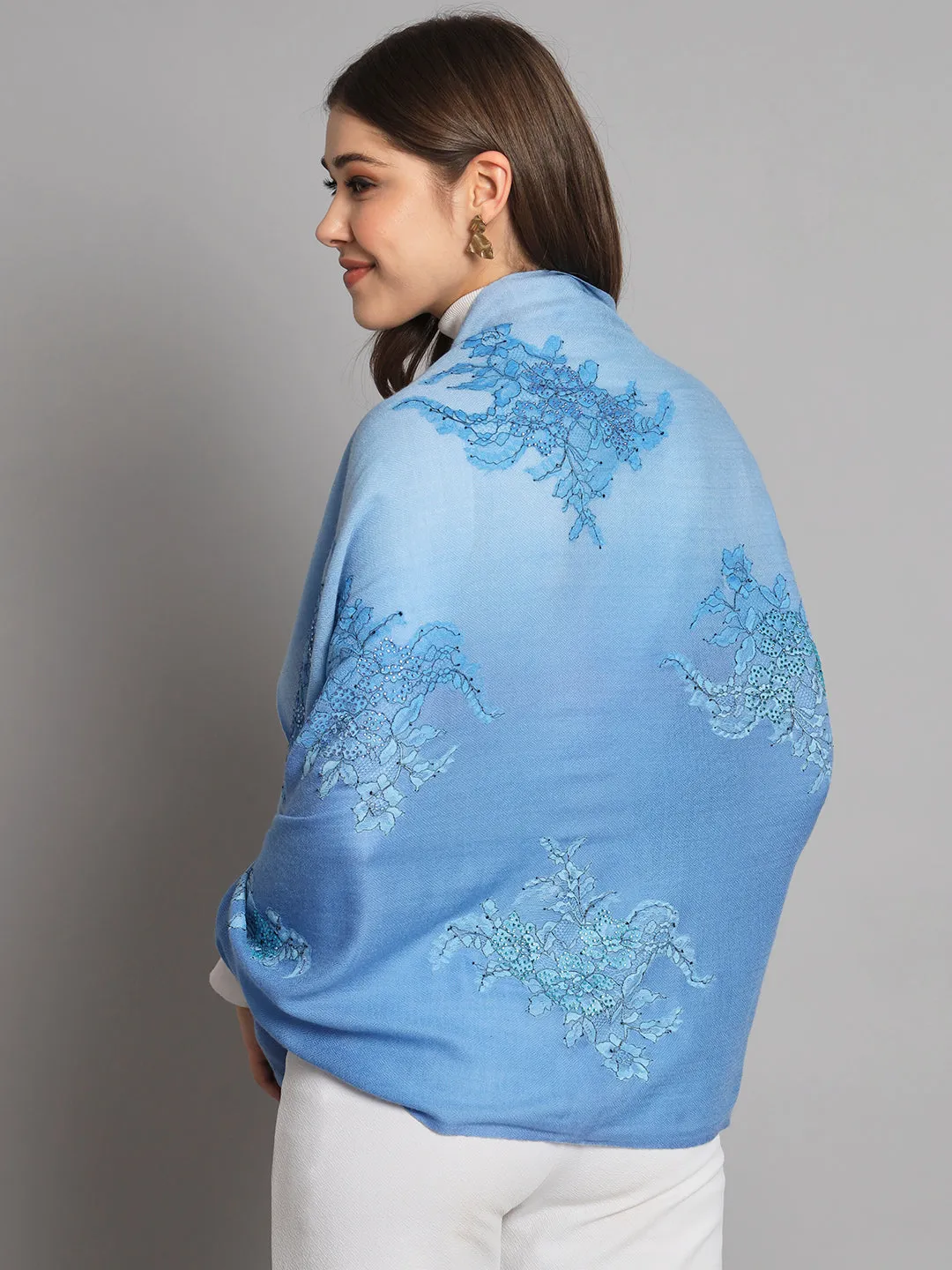 Ombre Blue Shawl with lace and swarovski design