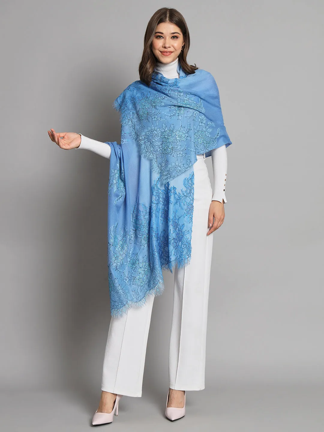 Ombre Blue Shawl with lace and swarovski design