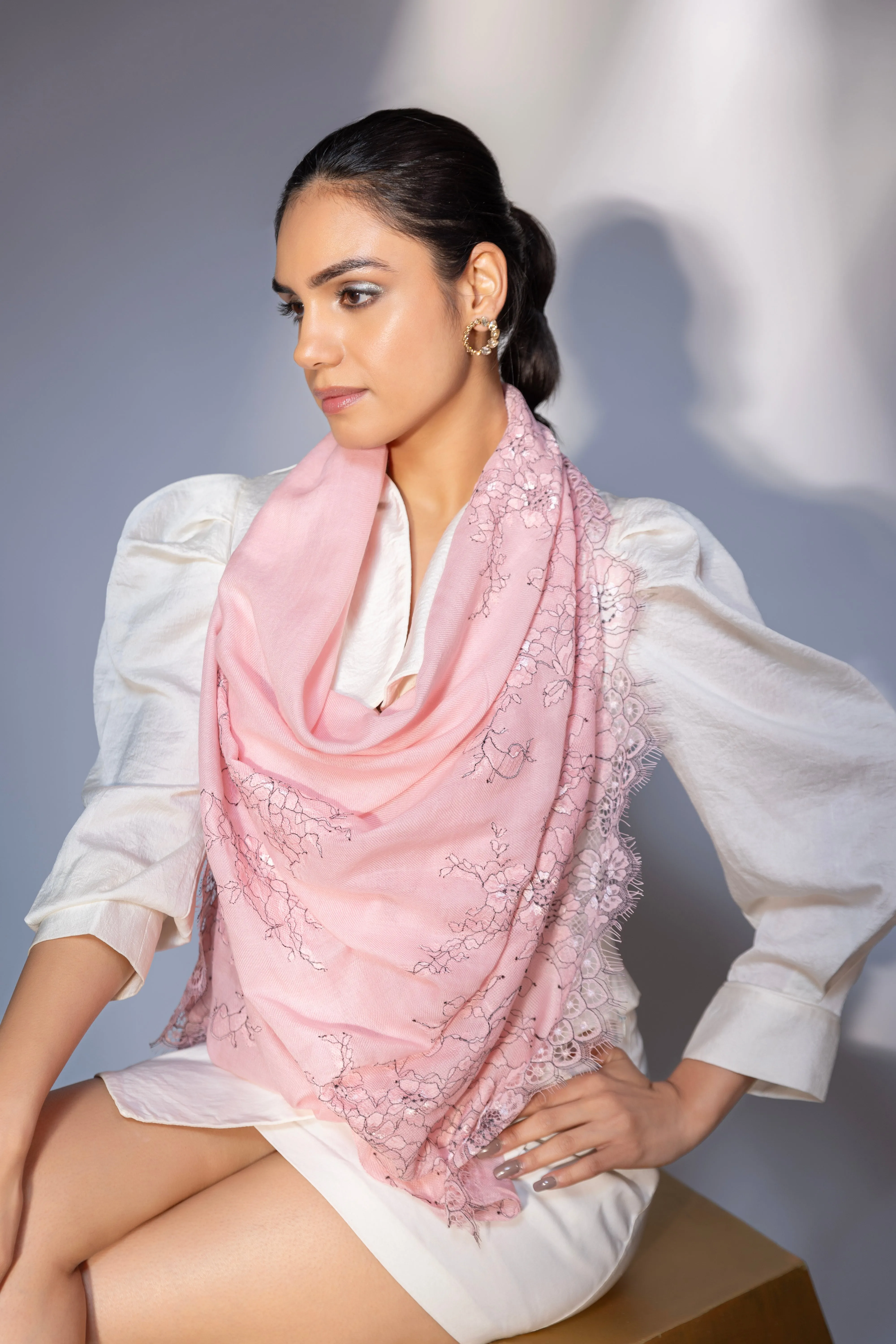 Pink shawl with delicate lace, beautiful women's winter shawl