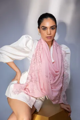 Pink shawl with delicate lace, beautiful women's winter shawl