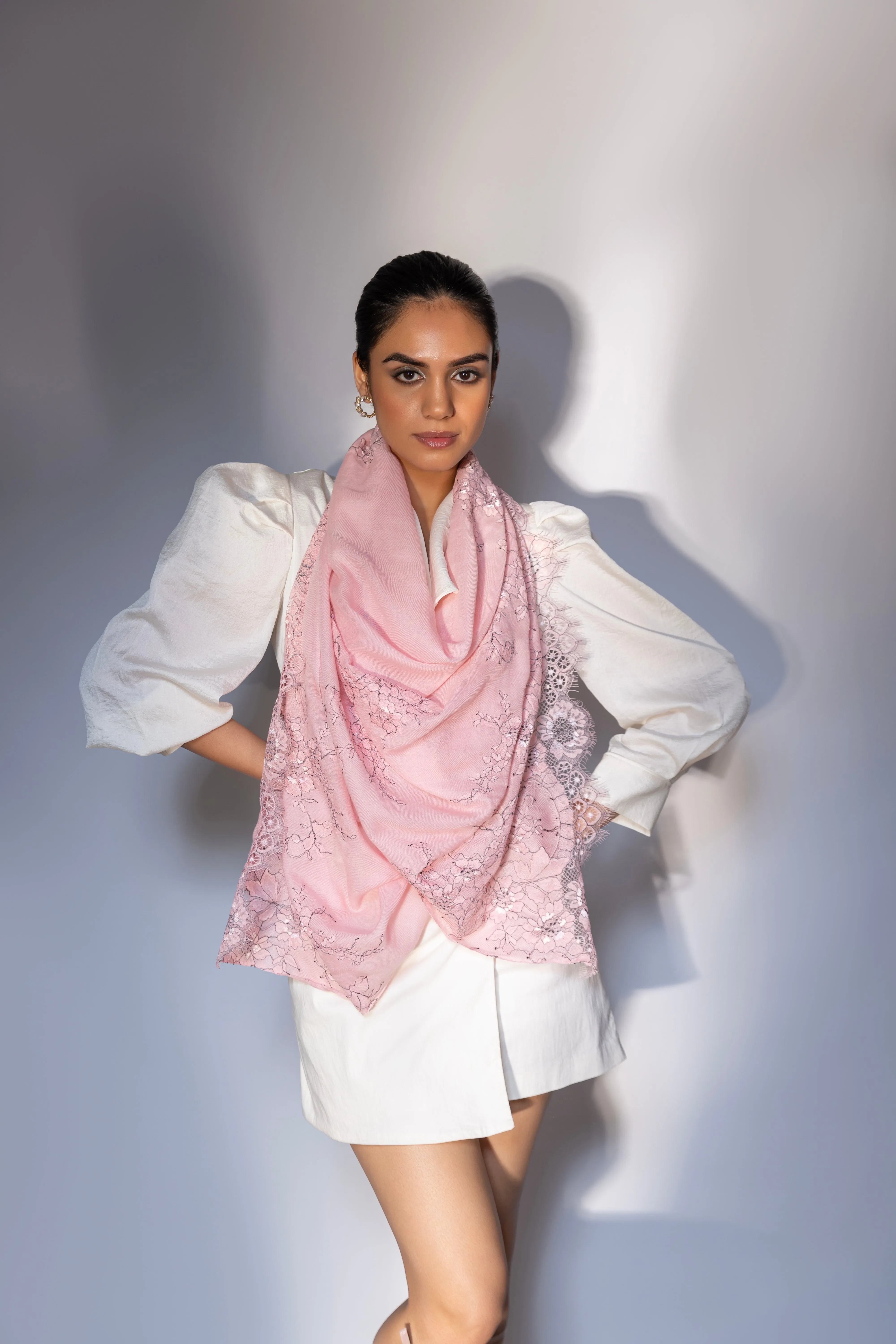 Pink shawl with delicate lace, beautiful women's winter shawl