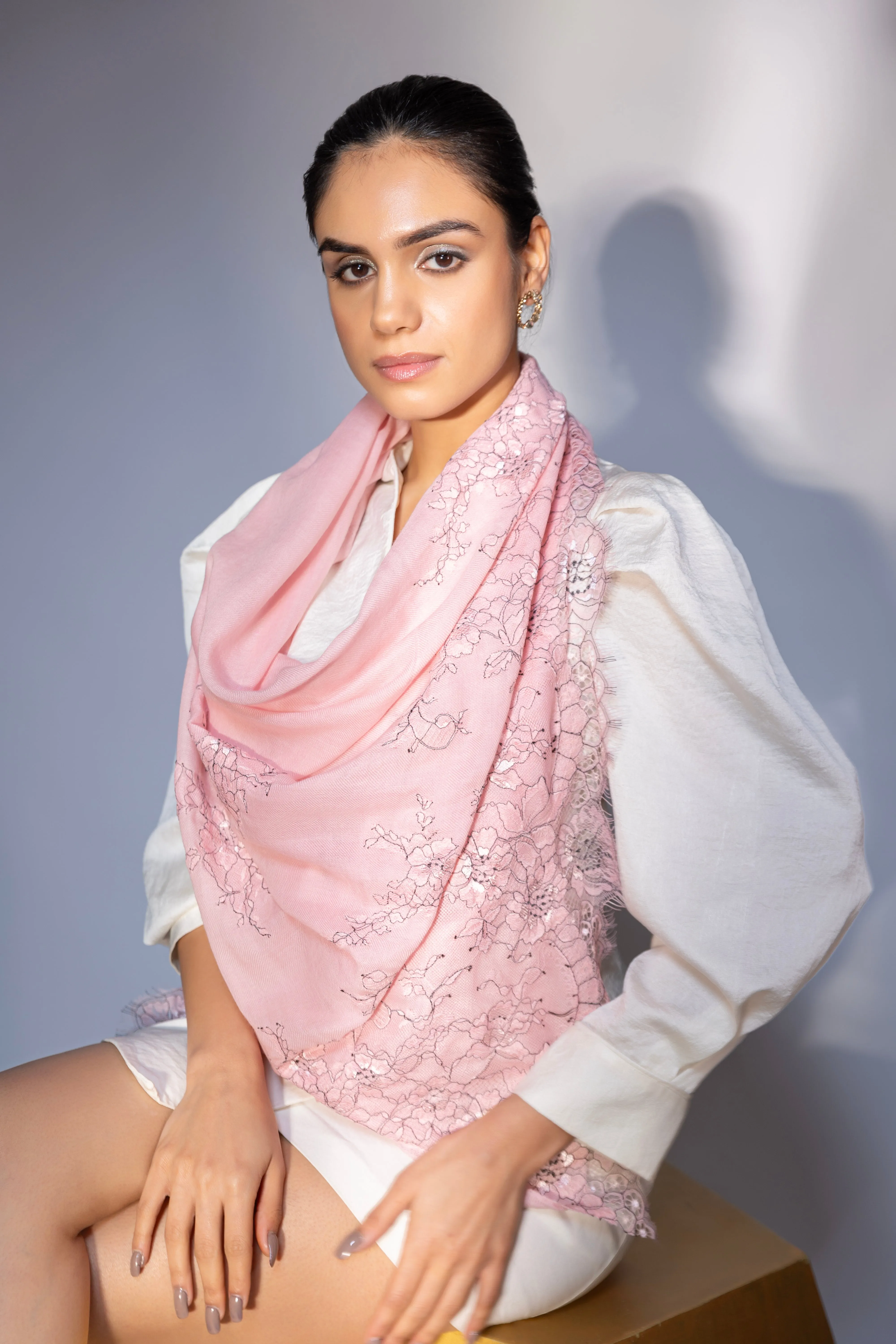 Pink shawl with delicate lace, beautiful women's winter shawl