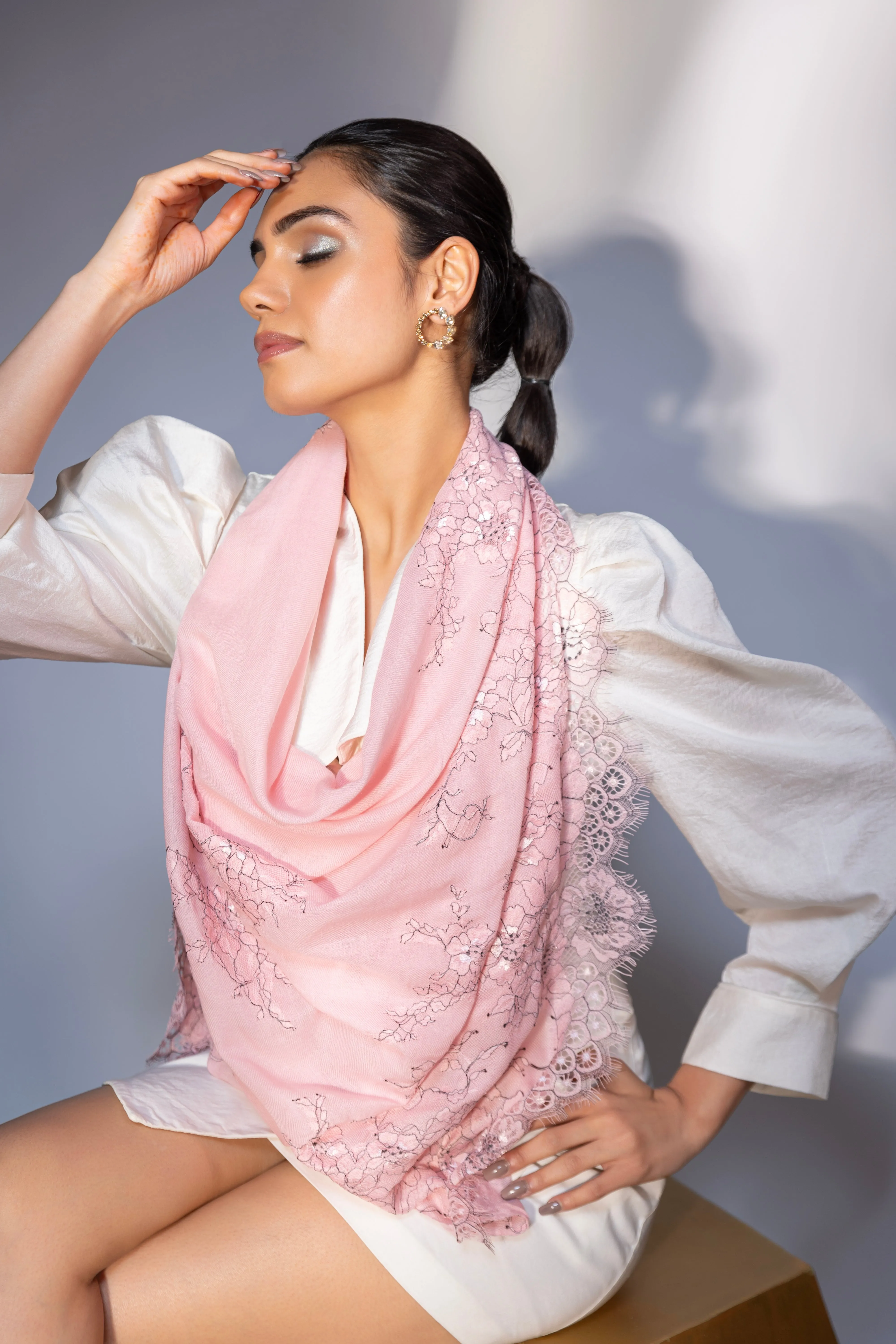 Pink shawl with delicate lace, beautiful women's winter shawl