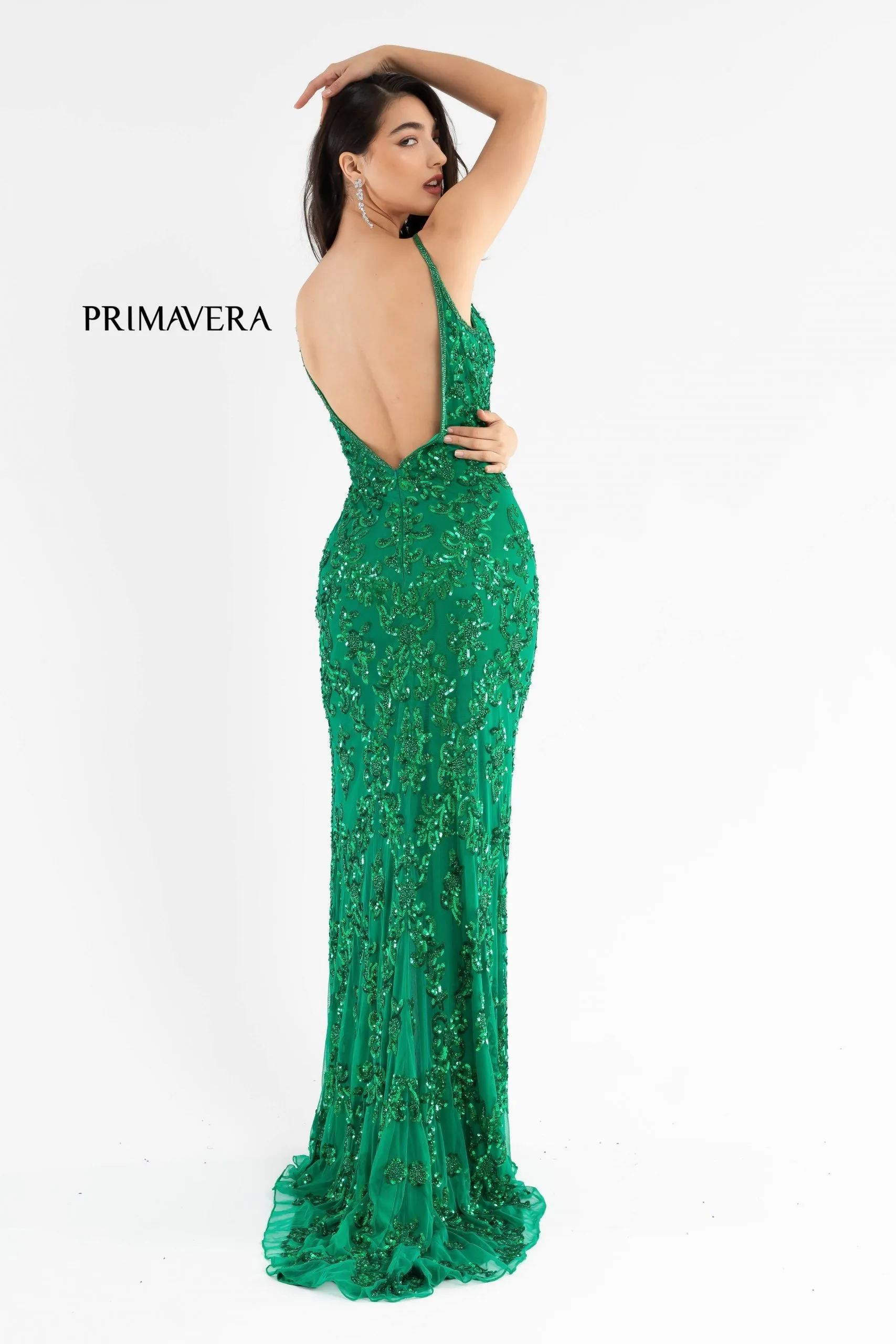 Primavera Couture 3754 Size 12 Emerald Prom Dress Sequins V Neckline Evening Gown Backless Slit Train