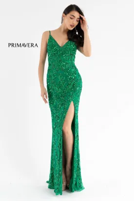 Primavera Couture 3754 Size 12 Emerald Prom Dress Sequins V Neckline Evening Gown Backless Slit Train