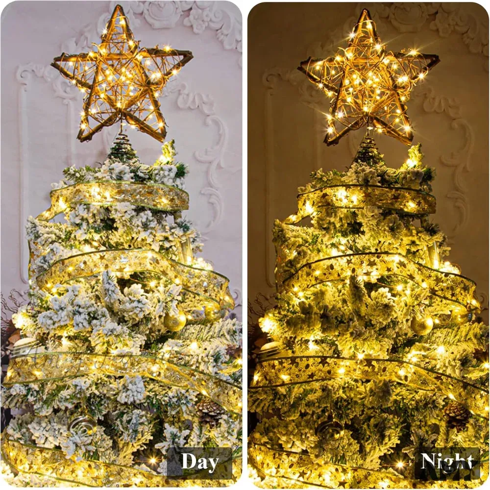 Rattan Star Christmas Tree Topper with Warm LED Lights - Indoor Christmas Decor