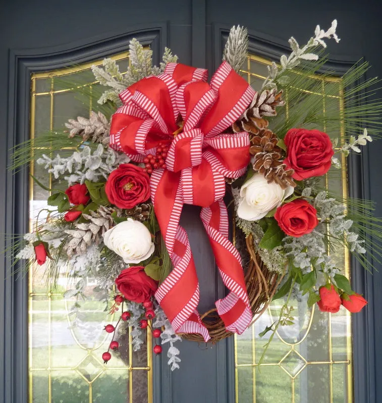 Red and White Christmas Rose wreath