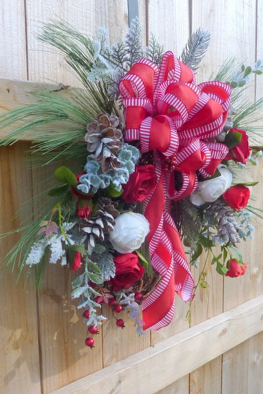 Red and White Christmas Rose wreath