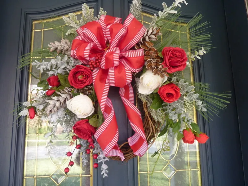 Red and White Christmas Rose wreath