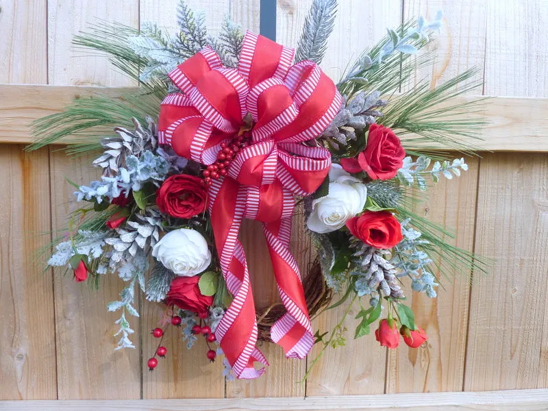 Red and White Christmas Rose wreath