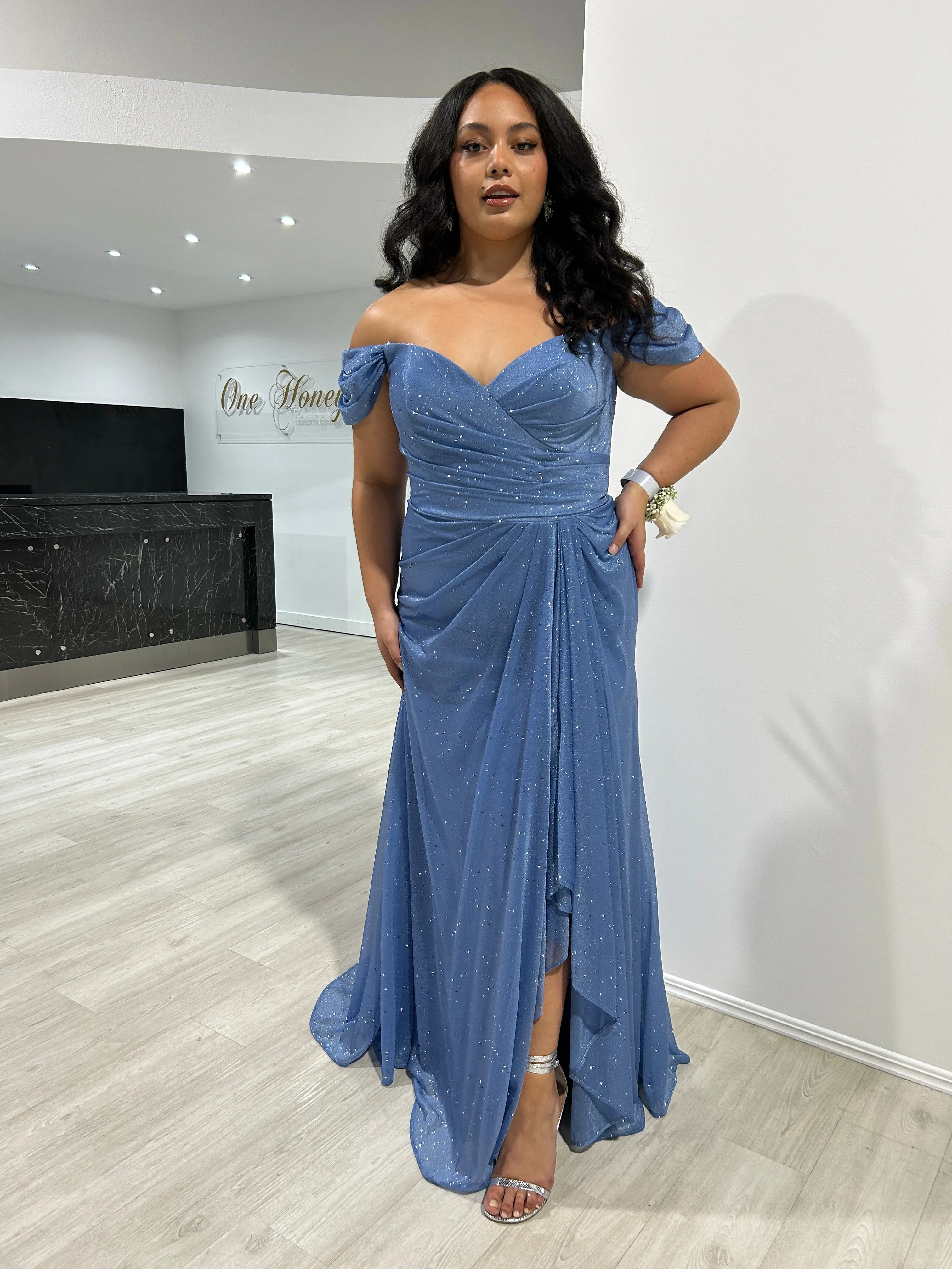 RIVER Curve Paris Blue Off Shoulder Mermaid Formal Dress