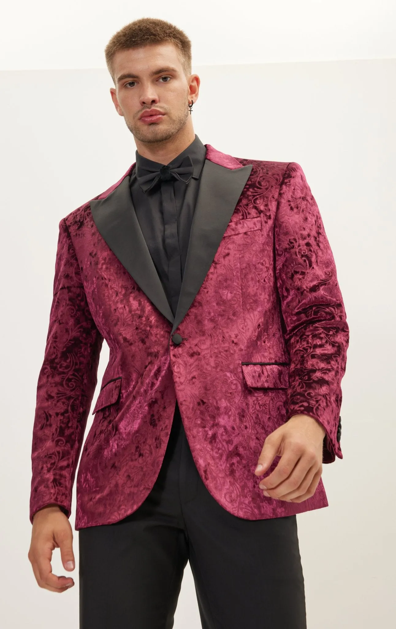 Spiral Floral Velvet Dinner Jacket - Wine