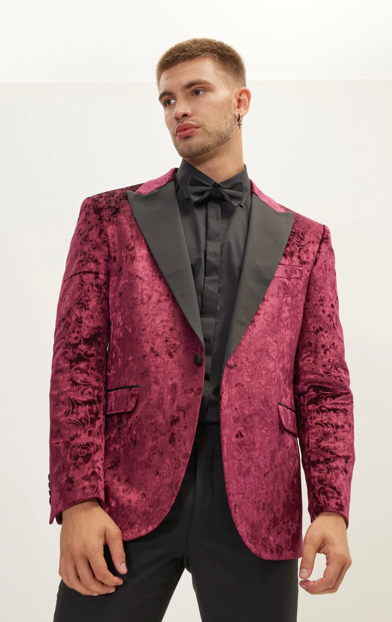 Spiral Floral Velvet Dinner Jacket - Wine