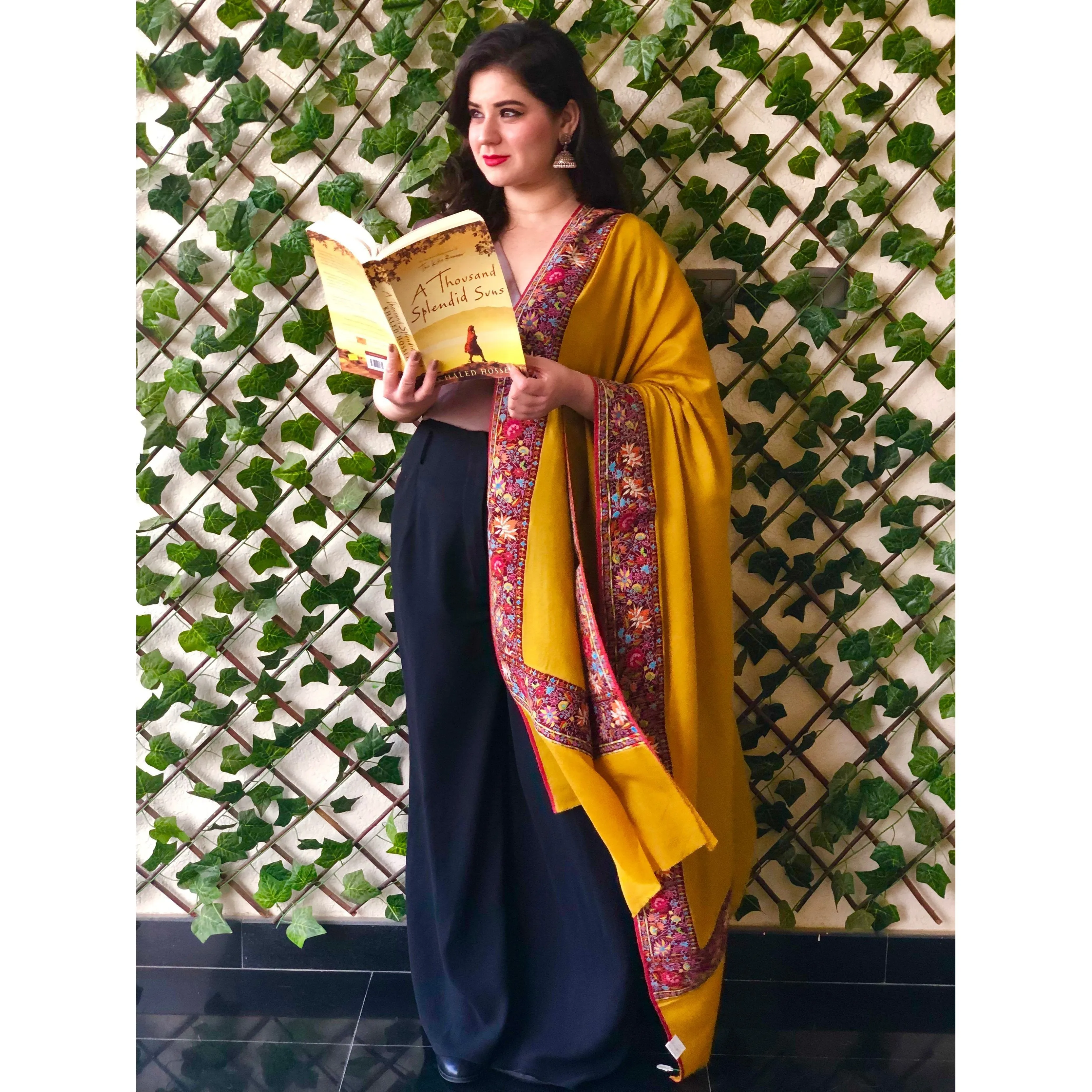 Tehzeeb Yellow Wool Shawl With Kalamkari Border