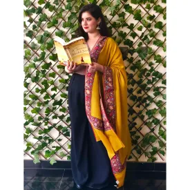 Tehzeeb Yellow Wool Shawl With Kalamkari Border