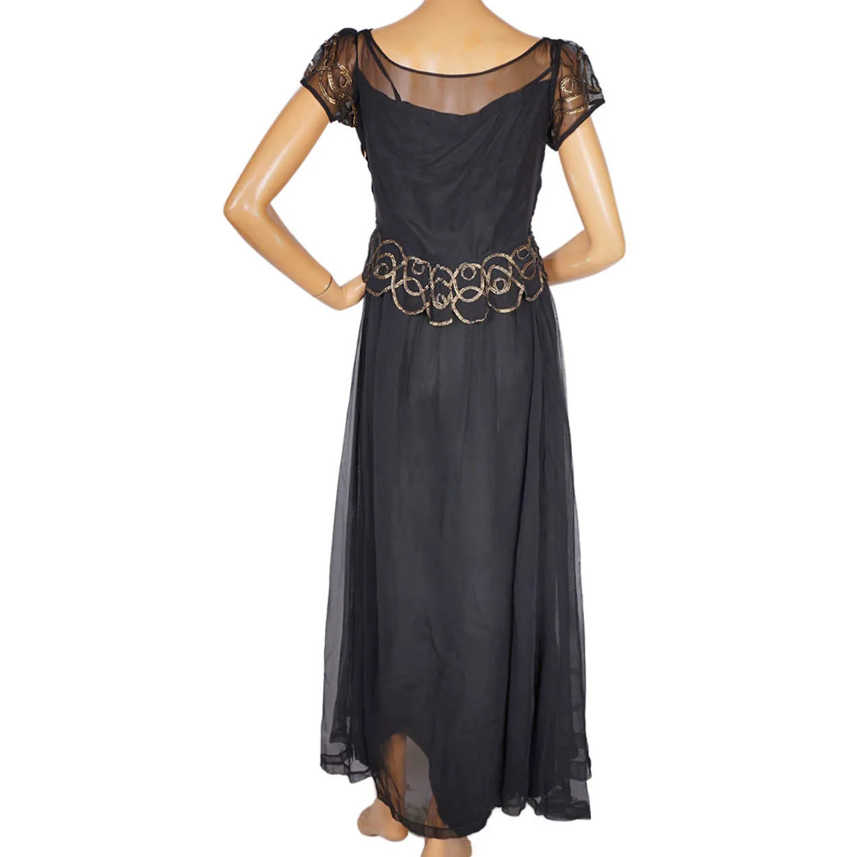 Vintage 1930s Evening Gown Black Tulle with Gold Braid Long Dress Size M