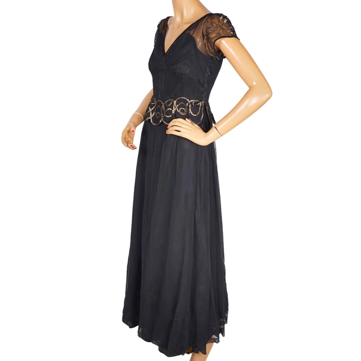 Vintage 1930s Evening Gown Black Tulle with Gold Braid Long Dress Size M