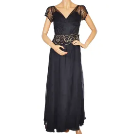 Vintage 1930s Evening Gown Black Tulle with Gold Braid Long Dress Size M