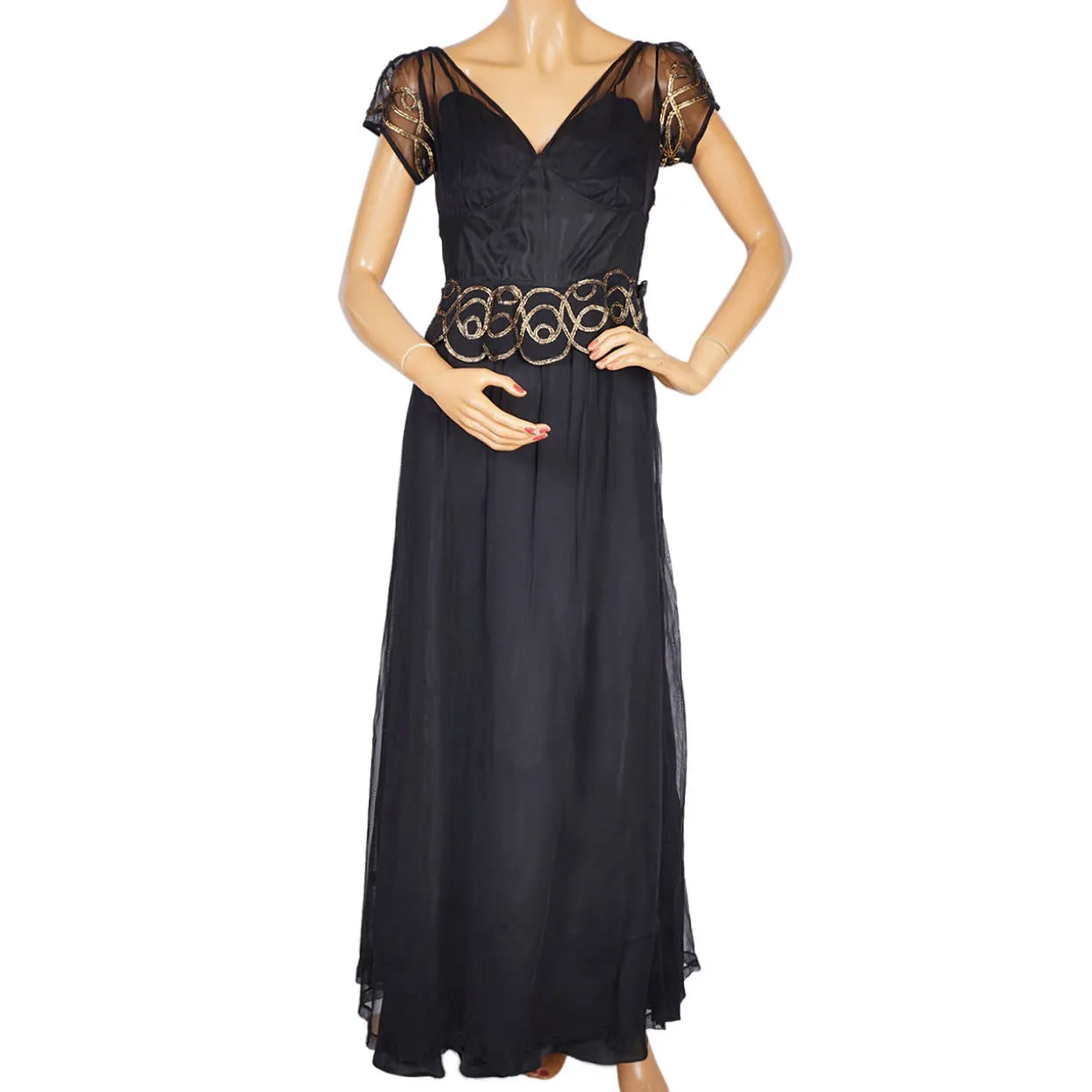 Vintage 1930s Evening Gown Black Tulle with Gold Braid Long Dress Size M