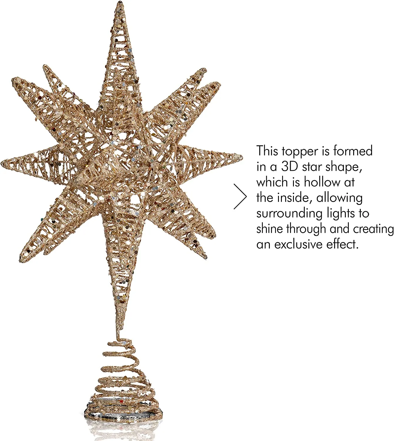 White Gold Tree Topper – Christmas Gold 3D Glitter Star Ornament Treetop Decoration