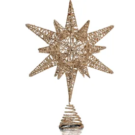 White Gold Tree Topper – Christmas Gold 3D Glitter Star Ornament Treetop Decoration