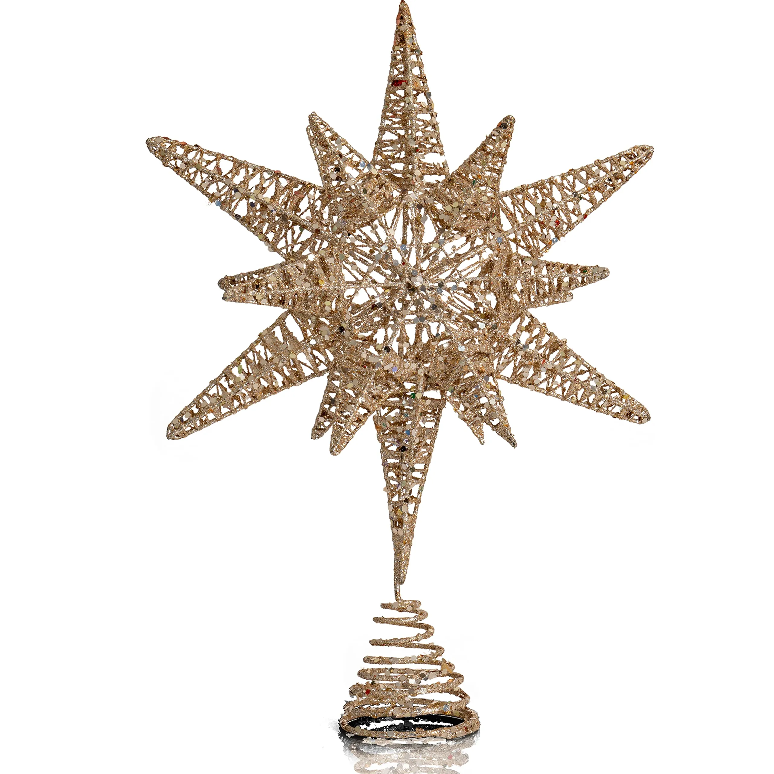 White Gold Tree Topper – Christmas Gold 3D Glitter Star Ornament Treetop Decoration