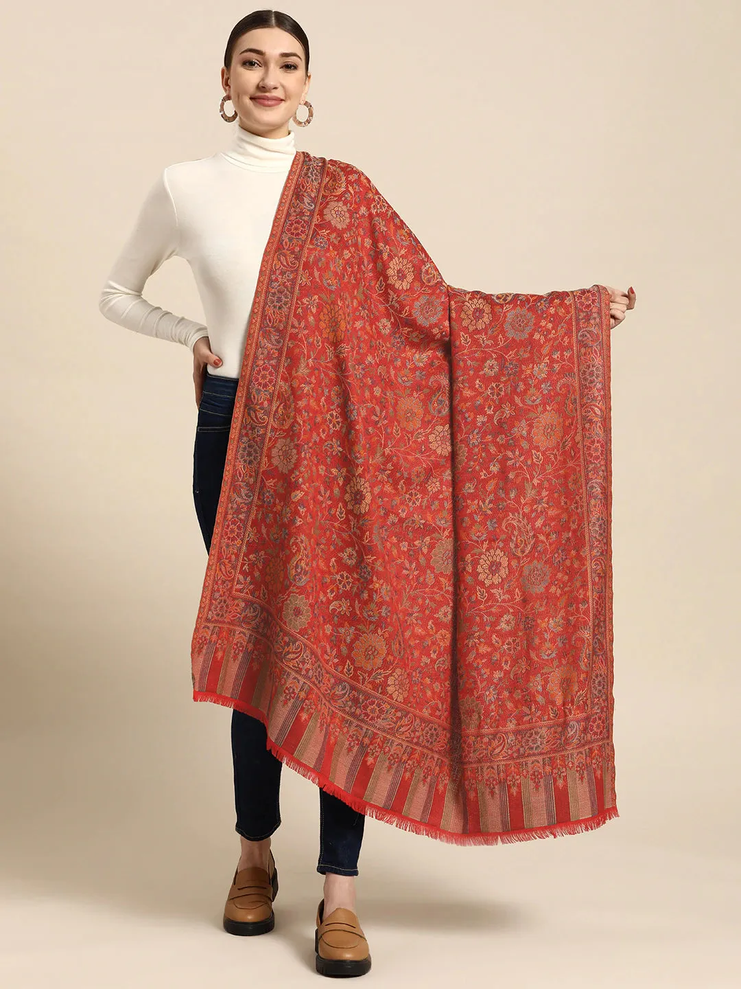 Women Maroon Woven Design Jamawar Shawl