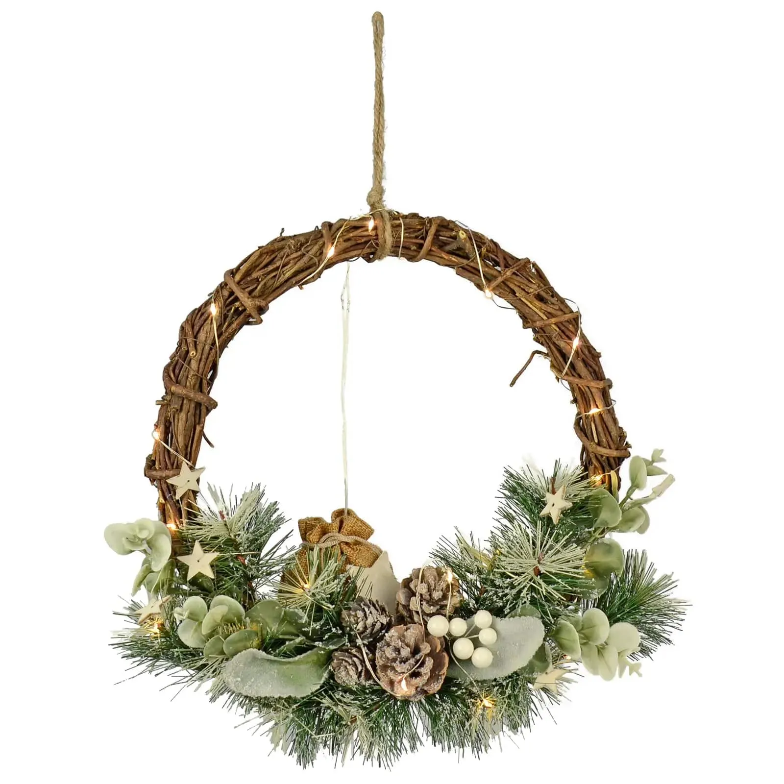 Woodland Twig Light Up Christmas Half Wreath Cones Foliage 33cm