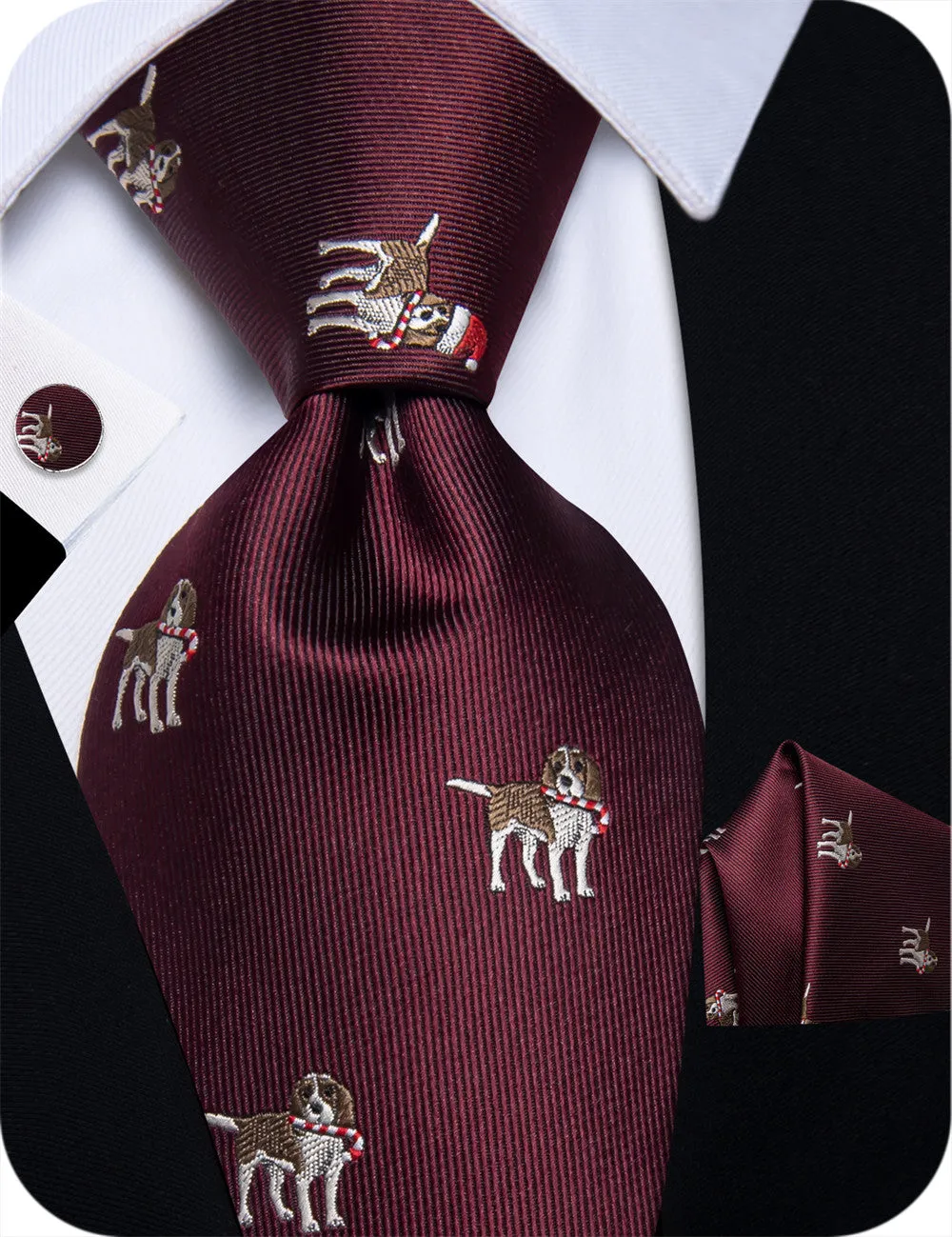 YourTies $19.99 Dark Red Christmas Necktie Animal Dog Silk Necktie Set