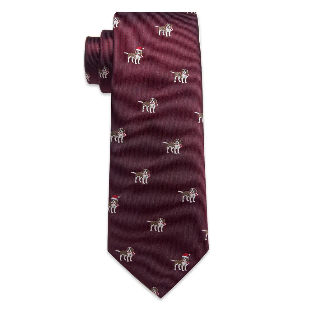 YourTies $19.99 Dark Red Christmas Necktie Animal Dog Silk Necktie Set