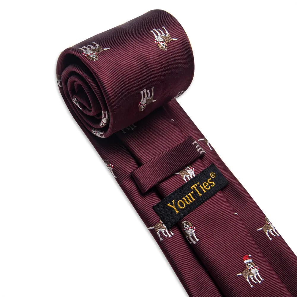 YourTies $19.99 Dark Red Christmas Necktie Animal Dog Silk Necktie Set