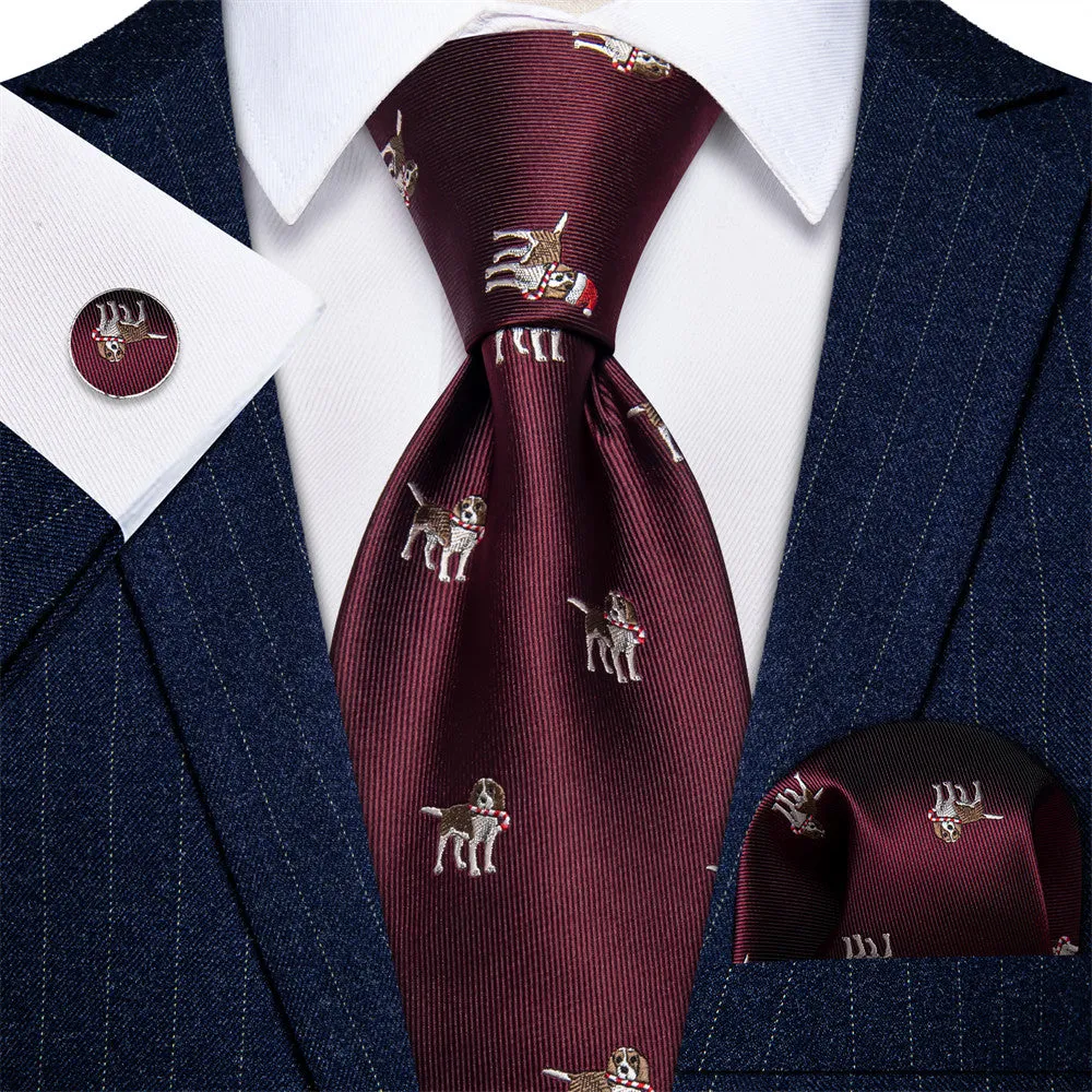 YourTies $19.99 Dark Red Christmas Necktie Animal Dog Silk Necktie Set