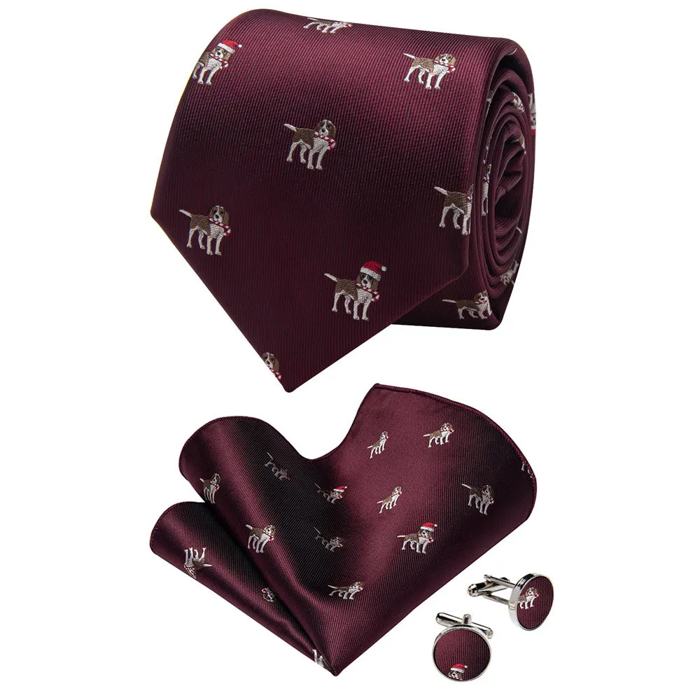 YourTies $19.99 Dark Red Christmas Necktie Animal Dog Silk Necktie Set