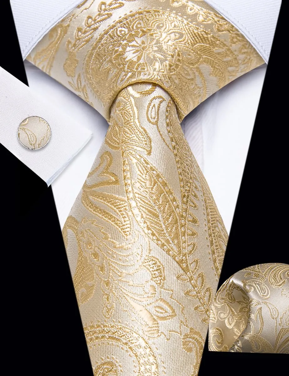 YourTies Blanched Almond Necktie Paisley Mens Tie Hanky Cufflinks Set