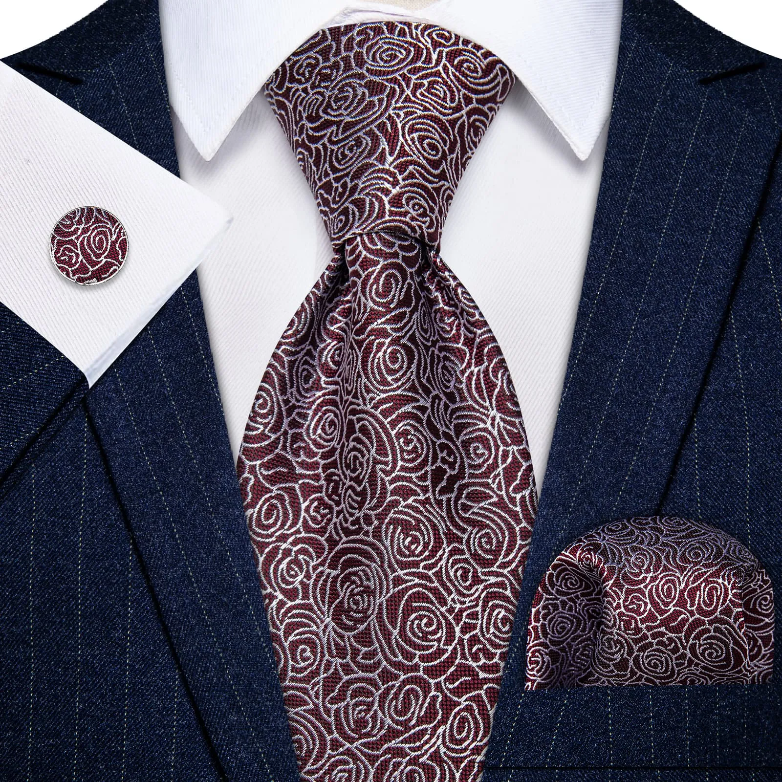 Yourties Burgundy Tie Floral Mens Necktie Flower Brooch Set with Clip