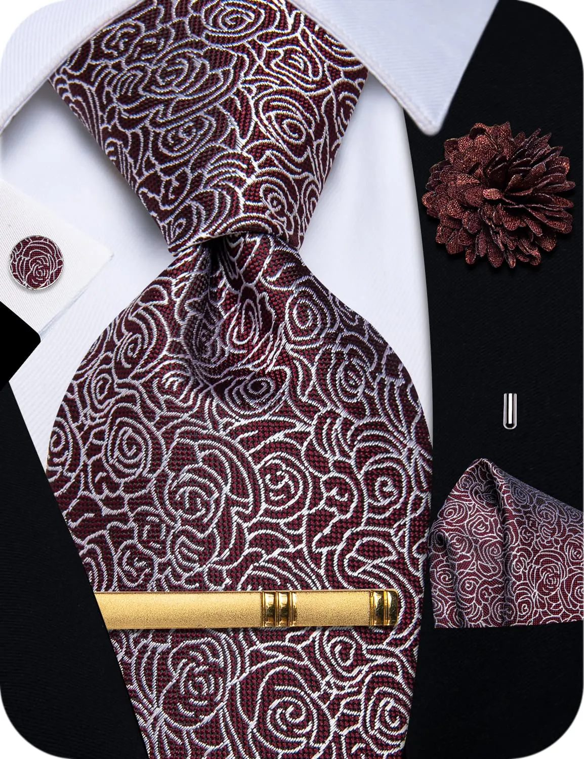 Yourties Burgundy Tie Floral Mens Necktie Flower Brooch Set with Clip