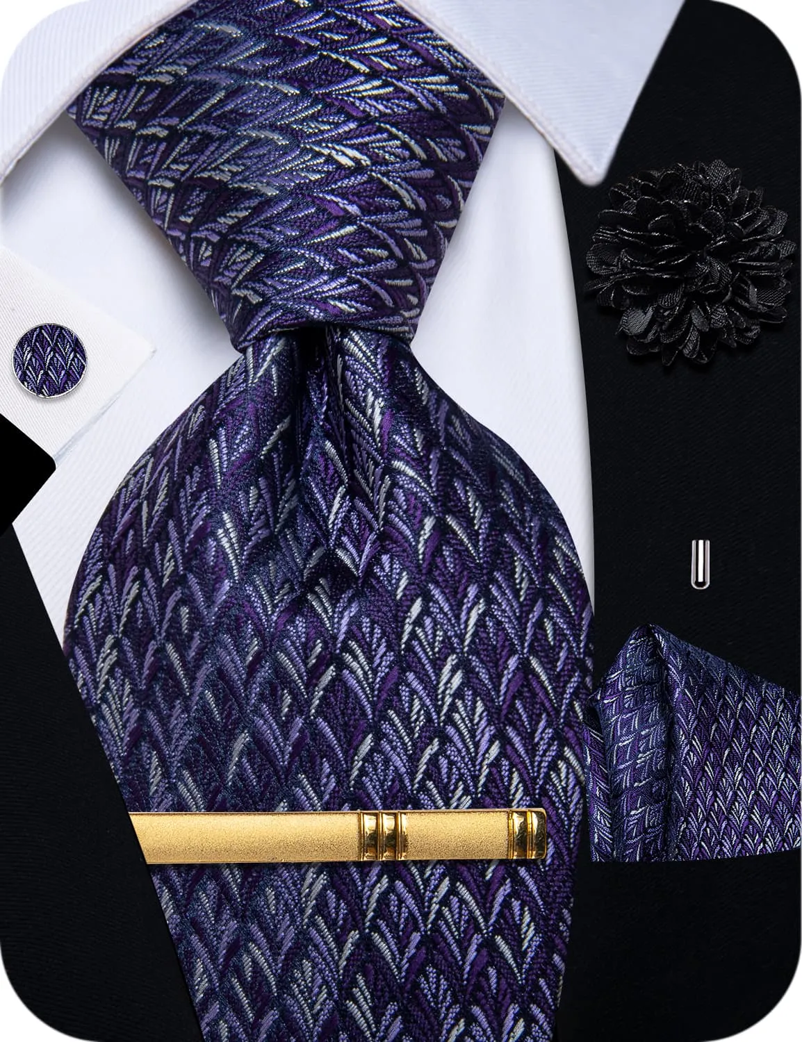 YourTies Deep Purple Tie Novelty NeckTie Flower Brooch Set with Clip