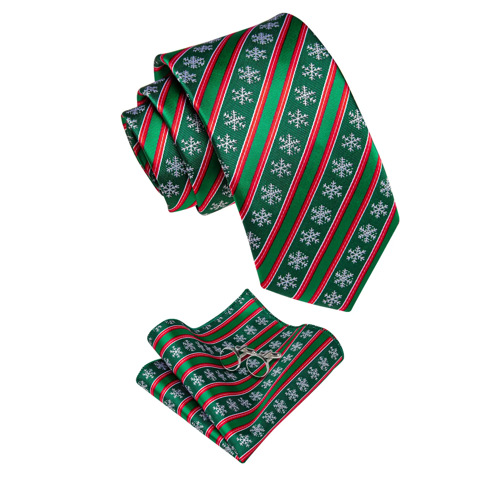 YourTies Green Red Striped Christmas Men's Necktie Pocket Square Cufflinks Set