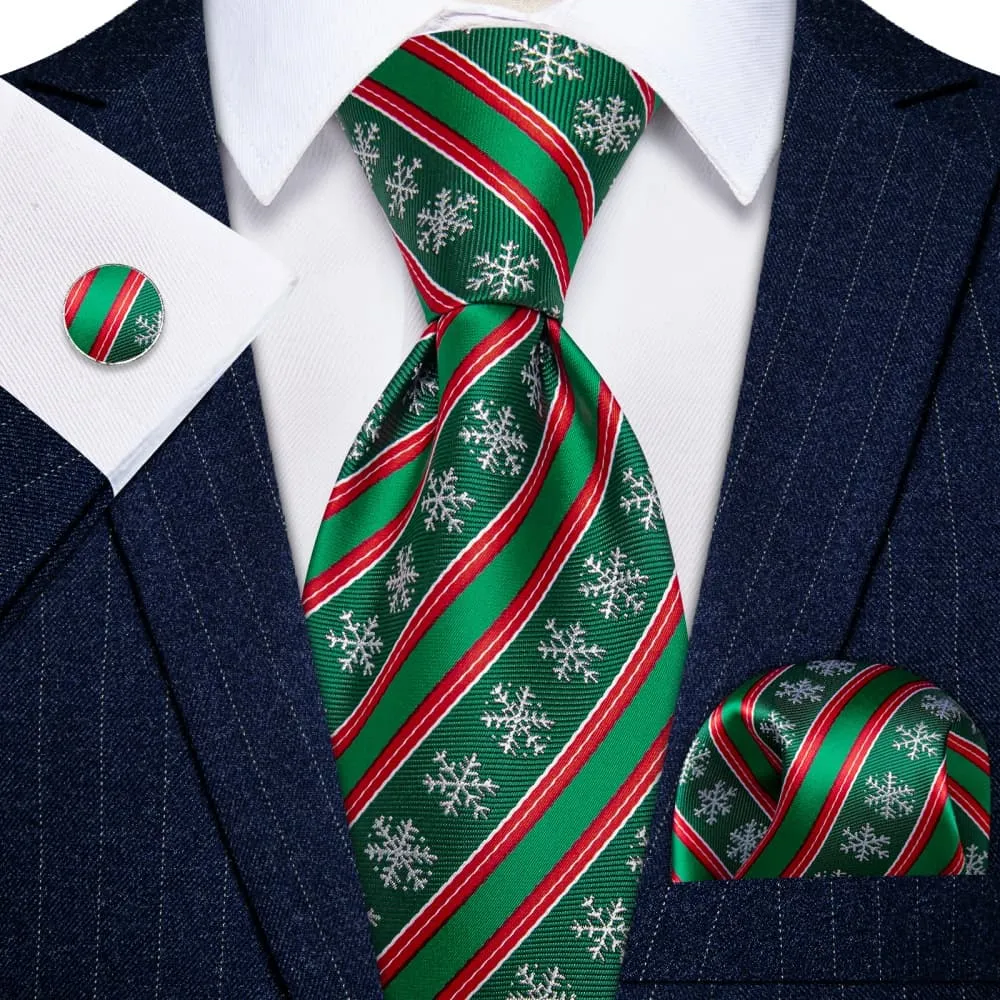 YourTies Green Red Striped Christmas Men's Necktie Pocket Square Cufflinks Set