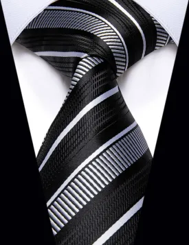 YourTies Men's Black Tie Grey White Striped Silk Necktie for Business