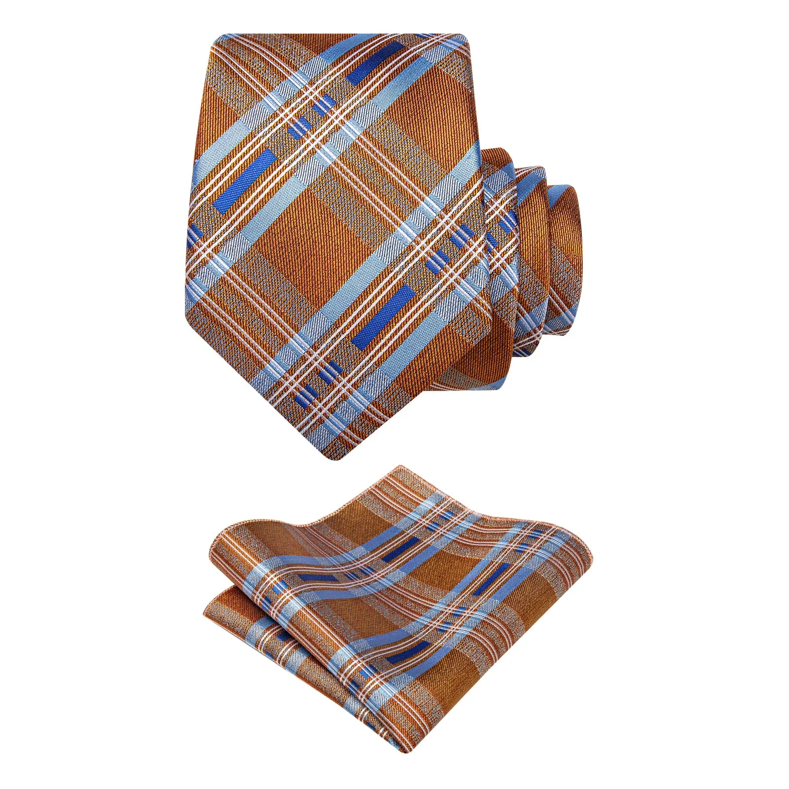 YourTies Orange Blue Plaid Tie NeckTie Flower Brooch Set with Clip