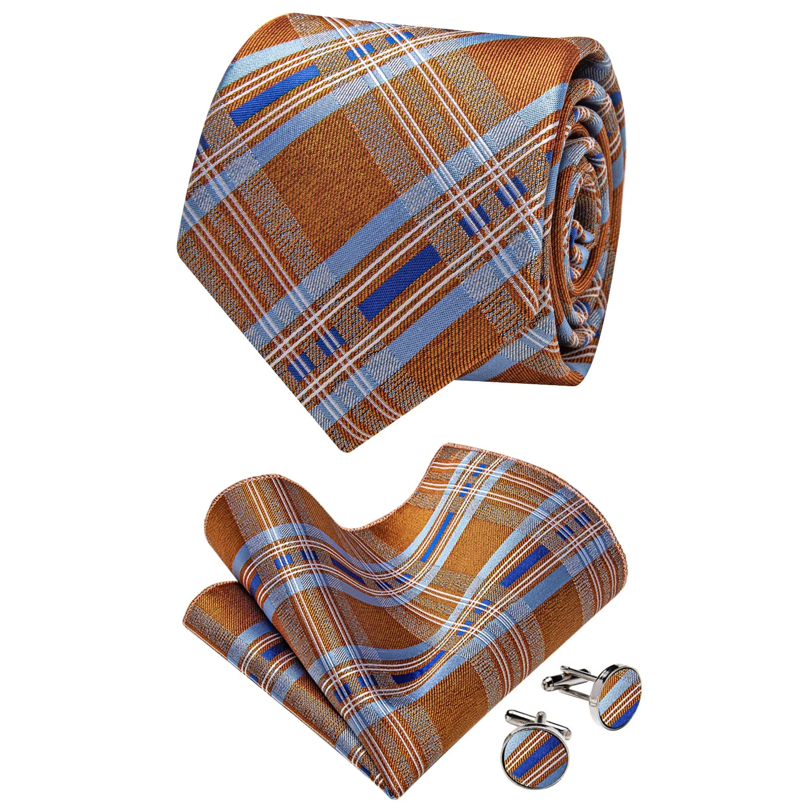 YourTies Orange Blue Plaid Tie NeckTie Flower Brooch Set with Clip