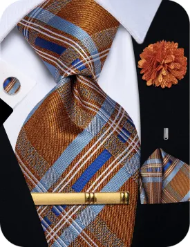 YourTies Orange Blue Plaid Tie NeckTie Flower Brooch Set with Clip