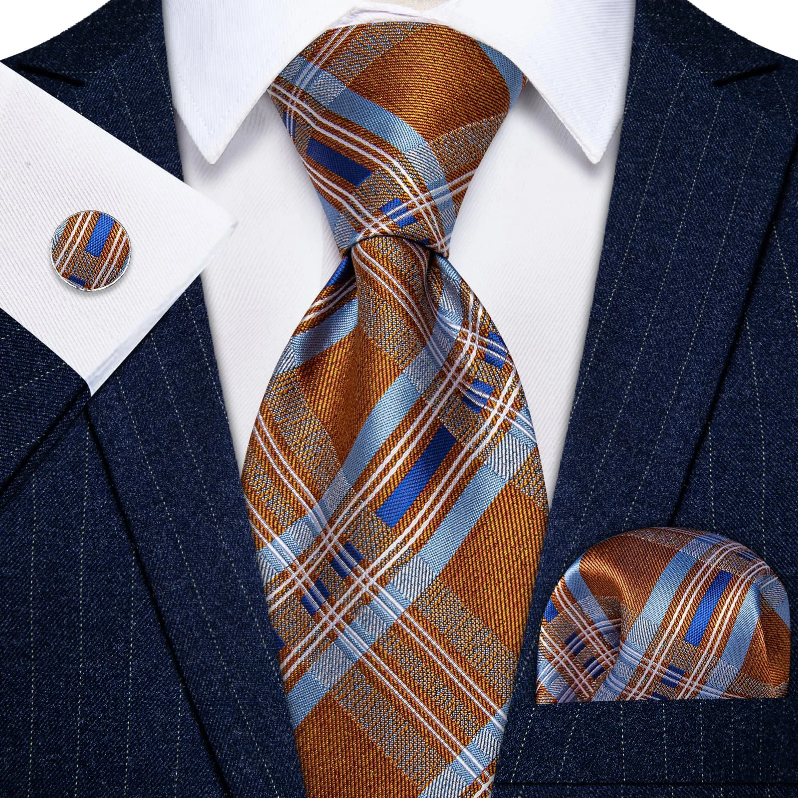 YourTies Orange Blue Plaid Tie NeckTie Flower Brooch Set with Clip