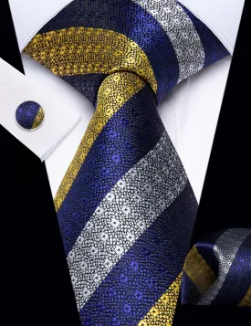 YourTies Striped Necktie Blue Gray Yellow Mens Tie Hanky Cufflinks Set